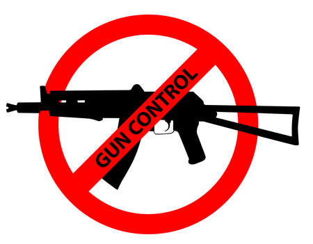 Caution sign about gun control. Restricted area, guns banned. Vector image silhouette, illustration isolated on white background.のイラスト素材