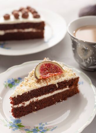 Chocolate cake with hazelnuts and figs.の写真素材