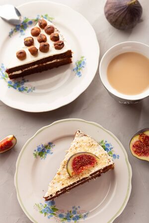 Chocolate cake with hazelnuts and figs.の写真素材