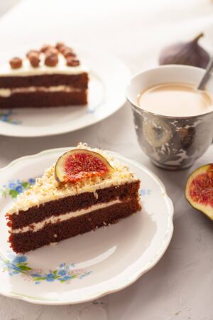 Chocolate cake with hazelnuts and figs.の写真素材