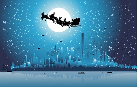 Santa Claus riding his sleigh over a cityのイラスト素材