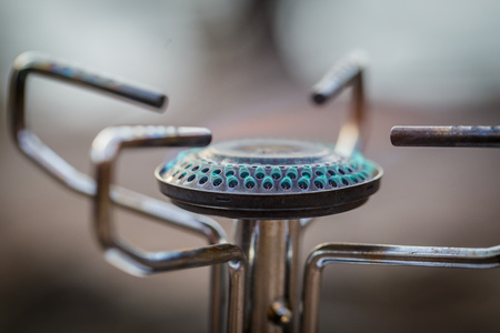 cooking on a gas burner in the woodsの写真素材