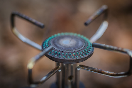 cooking on a gas burner in the woodsの写真素材