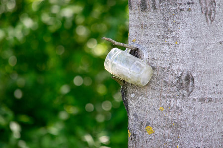 An empty beer glass is hung in the woods on a treeの写真素材
