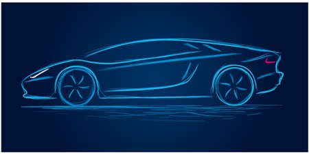 Neon simple vector drawing of a sports car. Side view. Dark blue background.のイラスト素材