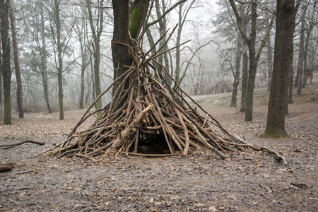 Dwellings made of wood and sticks in a winter forest with fog.の写真素材