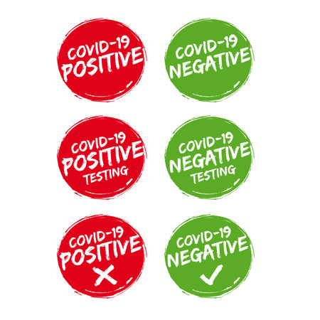 Abstract red grungy test stamp Covid-19 with circular illustration vector, positive and negative text seal Coronavirus Covid-19, vector label design templateのイラスト素材