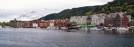 Bergen, Norway - May 21, 2016: Fjord waterfront with old wooden houses in Bergen