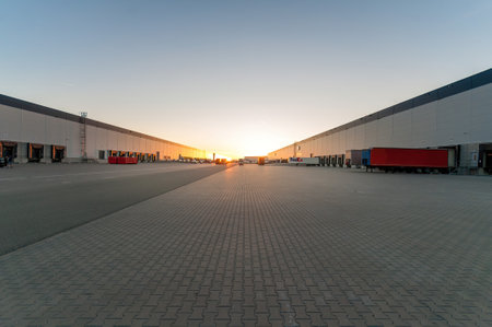 BRNO, CZECH REPUBLIC - APRIL 11, 2022: Logistics area with halls and trucks at sunset. Transport and...