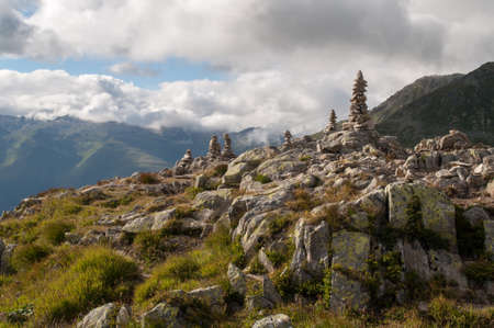 Panorama of high mountains with rocks and snowy peaks in the Swiss Alps.の写真素材