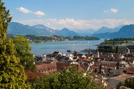 Lake and the city of Lucerne in Switzerlandの写真素材