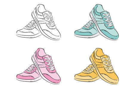 Vector drawing of women's sports shoes in four colorsのイラスト素材