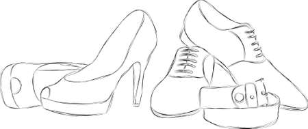 Hand drawn pencil illustration of women's and men's wedding shoesのイラスト素材