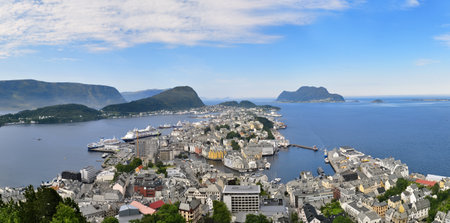 Alesund, Norway - 05 July 2011: Evening sunset view of the buildings and the city of Alesund in Norway in the north.のeditorial素材