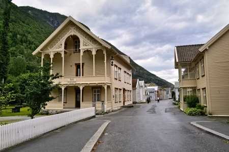 Laerdalsoyri, Norway - Street with old wooden houses. A UNESCO historical monument in Norway.のeditorial素材