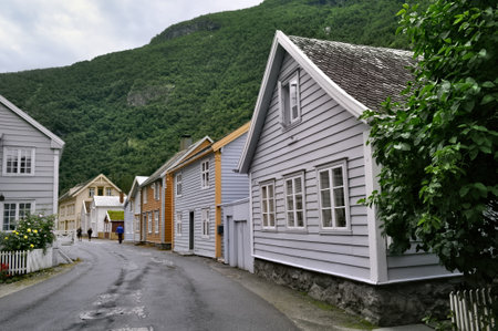 Laerdalsoyri, Norway - Street with old wooden houses. A UNESCO historical monument in Norway.のeditorial素材