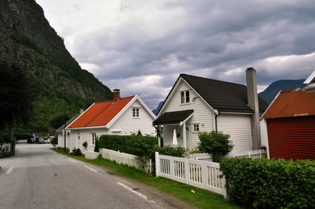 Laerdalsoyri, Norway - Street with old wooden houses. A UNESCO historical monument in Norway.のeditorial素材