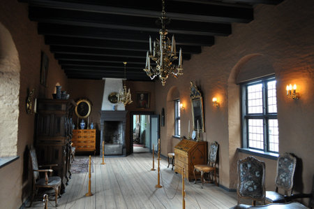Oslo, Norway - Akershus Castle, old decorated interior with wooden floor, furniture and painted walls.のeditorial素材