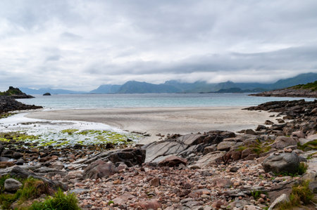 Rocky and rocky coast with sandy beaches - Lofoten, Norwayの写真素材