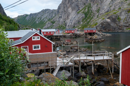 Small fishing village of Nusfjord with wooden houses in Lofoten, Norway.の写真素材