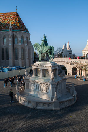 Budapest, Hungary - October 10, 2012: Statue in Fisherman's Bastion Square on the Hill in Budapest, Hungaryのeditorial素材