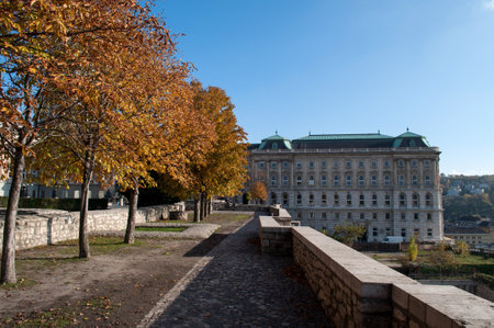 Castle and Government Palace in Budapest, Hungary in autumn with trees and city view.のeditorial素材
