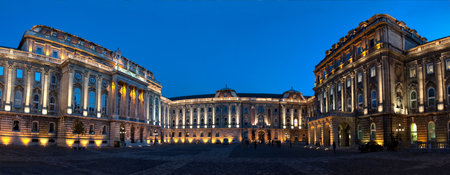 Illuminated castle in Budapest (Hungary) at night. The square with the illuminated Buda Castle building.のeditorial素材