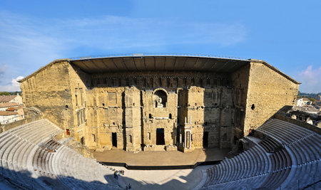 Old Roman theater in France in the city of Orange. Historical cultural monument in the south of Europe.のeditorial素材