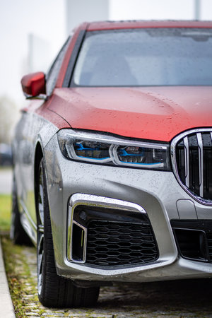Brno, Czech Republic - November 25, 2023: Close-up of the front of a luxury expensive BMW 7 car...