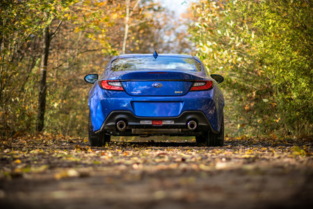 Brno, Czech Republic - October 28, 2023: Fast small sports car Subaru BRZ in the forest. Powerful...