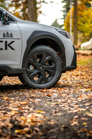 Brno, Czech Republic - November 1, 2023: White off-road Japanese car Subaru Outback outside in the...