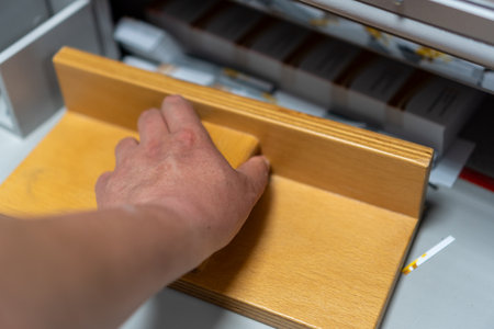 Cutting printed matter in a cutting machine. A printer worker operates cutting paper business cards.の写真素材
