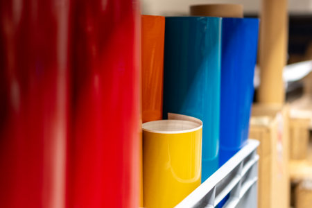 Colored advertising films for the production of stickers for cars and shop windows. Stock of material in the printer.の写真素材