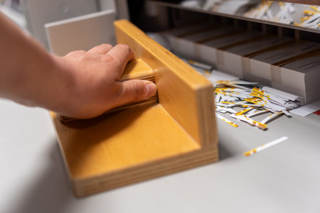 Cutting printed matter in a cutting machine. A printer worker operates cutting paper business cards.の写真素材