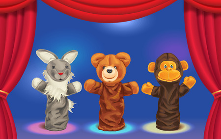 Color vector illustration of puppet theater. Dolls on stageのイラスト素材