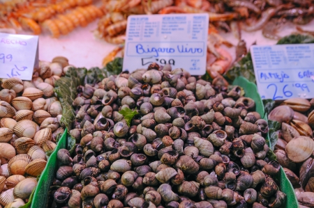 Fresh food on display at the La Bouquerial Barcelona Food Market on Las Ramblasのeditorial素材