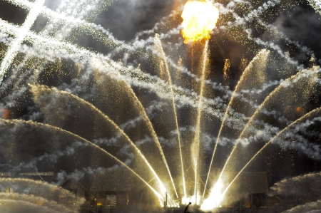 Singapore light show at Sentosa showing the fire works, laser and water cannon display during the...