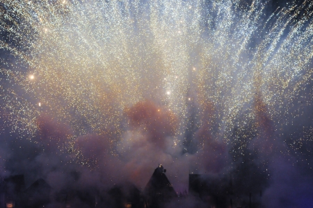 Singapore light show at Sentosa showing the fire works, laser and water cannon display during the finaleの写真素材