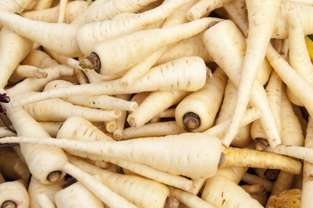 fresh white parsnips on saleの写真素材