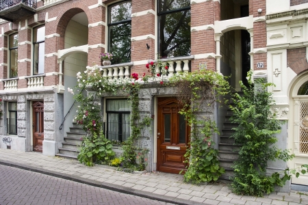 amsterdam; travel; city; capital; holland; netherlands; flat; bicycle; ride; people; live; tourist; door; doorway; entrance; window; windows; facade; brick; architecture; dutch; vine; wisteriaのeditorial素材