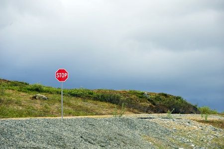 Stop sign, Denali Highway, Alaskaの写真素材