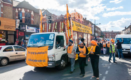 Performers take part in the festival of Vaisakhi, celebrating the birth of Sikhsのeditorial素材