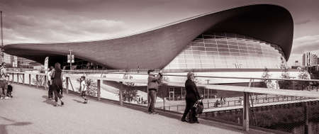View of the London Aquatics Centre, a former Olympics venue with pools for diving and swimming, in...