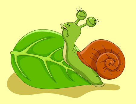 Snail cartoon crawling on leaf のイラスト素材