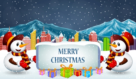 Snowman in winter with cityscapeのイラスト素材