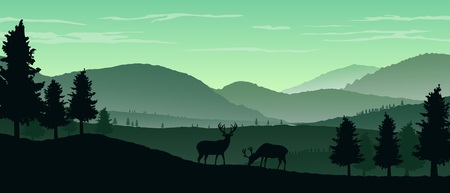 Nature landscape background with silhouettes of mountains and trees.のイラスト素材
