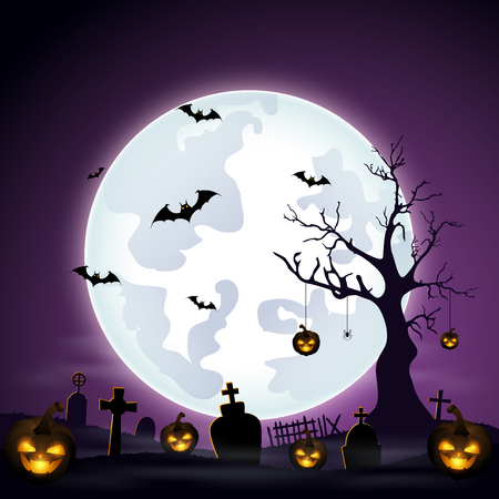 Vector illustration of Halloween background with cemetery and batsのイラスト素材