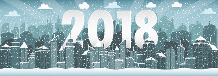 Winter urban landscape. City with snow. Christmas 2018.のイラスト素材