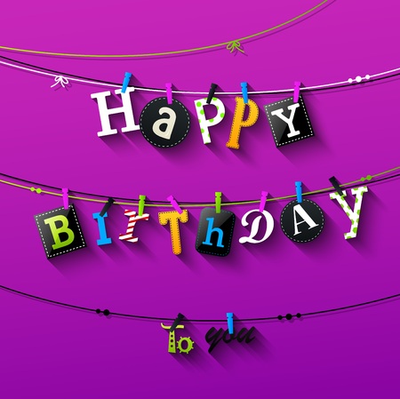 Vector illustration of Birthday card with Clothespin and colorful letters hang on ropeのイラスト素材