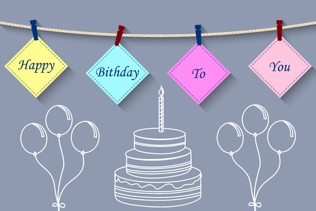 Vector illustration of Birthday card with clothespin and colorful letters hang on rope.のイラスト素材